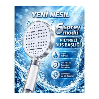 Büyük Panelli 6 Farklı Su Modlu Filtreli Duş Başlığı Beyaz Tasarım