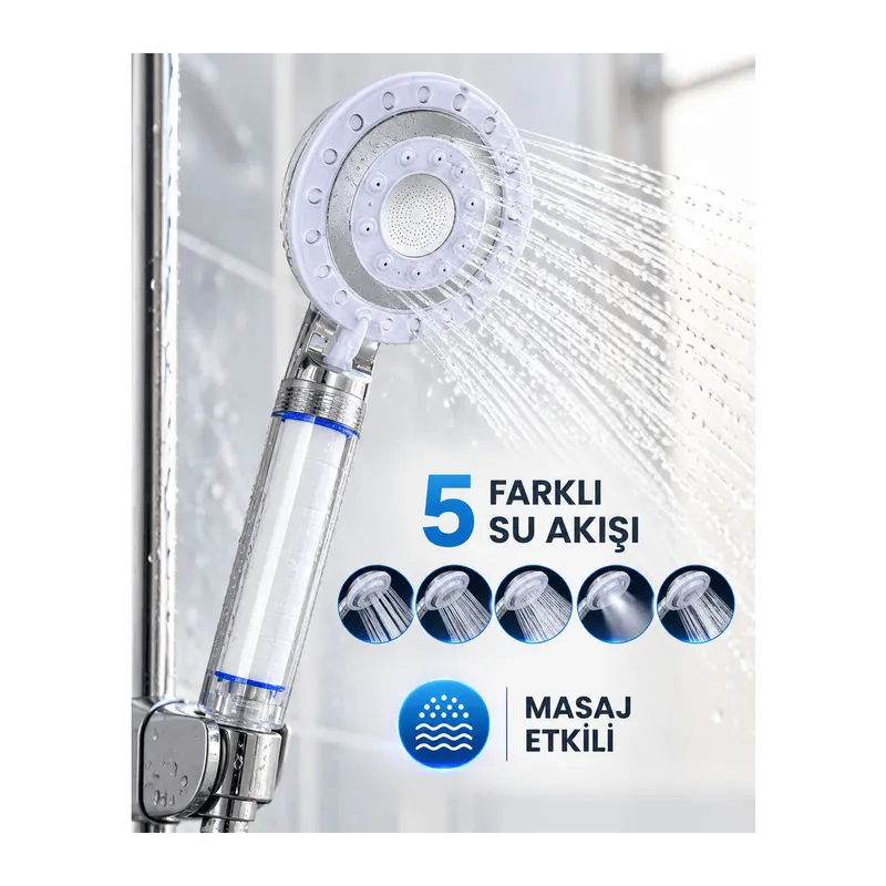 Masaj Etkili Filtreli Duş Başlığı 5 Fonksiyonlu Yağmur Sis Geniş Karışık Su Akışı