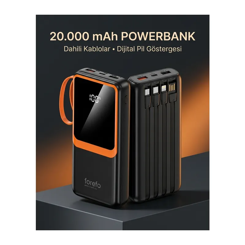 1. Çoklu Çıkışlı 20000 mAh Powerbank Entegre Kablolu Dijital Ekranlı Taşınabilir Şarj Cihazı