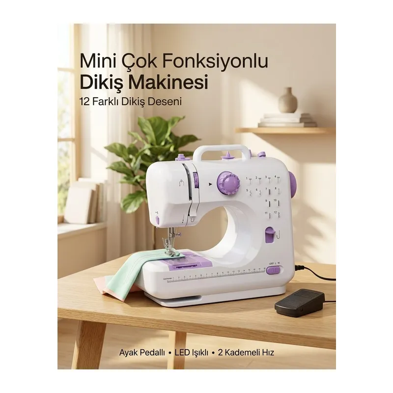 Çok Fonksiyonlu Mini Dikiş Makinesi 12 Dikiş Seçenekli 2 Kademeli Hız Ayarlı