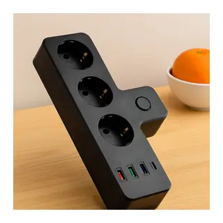 Siyah Termal Akım Korumalı Duvar Priz - 3 Priz, 3 USB, Type-C