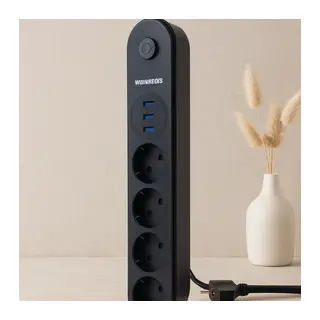 Termal akım korumalı uzatma kablo 4 priz 3 USB anahtarlı siyah