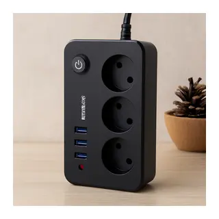 Termal akım korumalı uzatma kablo 3 prizli 3 USB anahtarlı siyah 2MT
