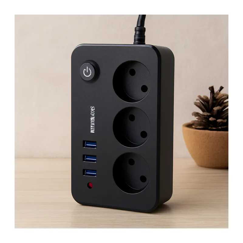 Termal akım korumalı uzatma kablo 3 prizli 3 USB anahtarlı siyah 2MT