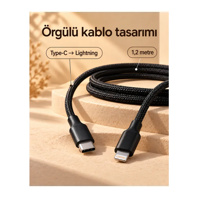Type C Lightning Örgülü Şarj ve Veri Kablosu 2 Metre