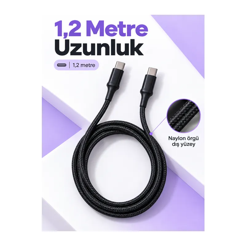 Telefon ve Tablet İçin Type C to Type C Örgülü Şarj Kablosu