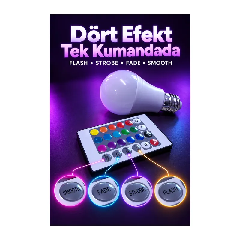 RGB LED Ampul Kumandadan Işık Efekti Seçimli