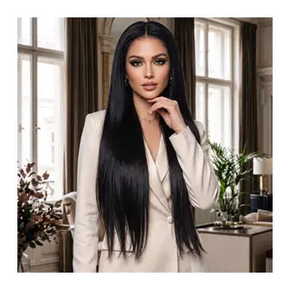 Dip Uç Dolu Doğal Siyah Tül Peruk Front Lace Düz %100 Gerçek Saç - 70-75cm