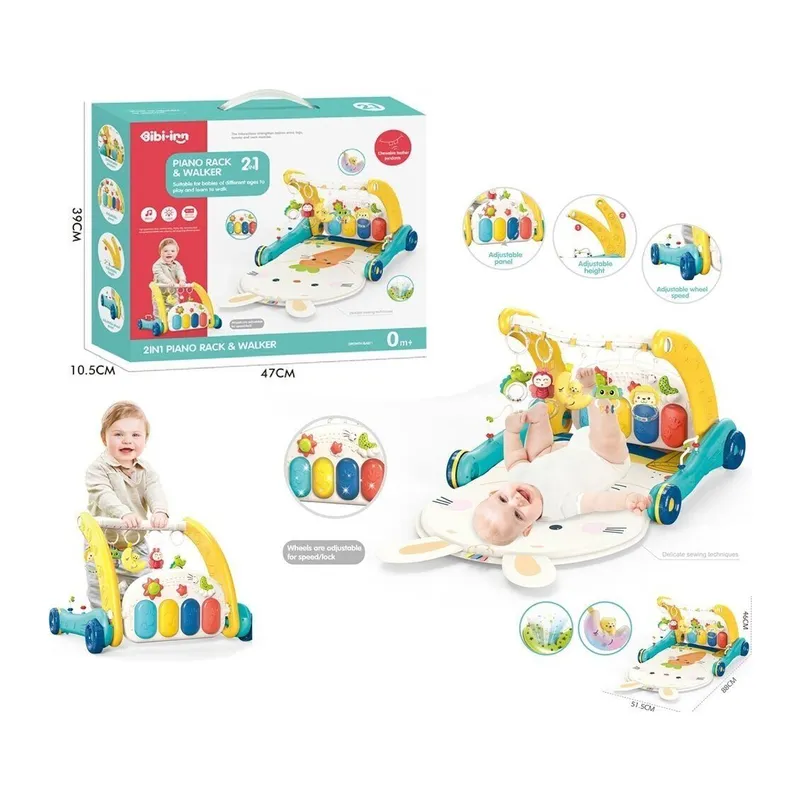 BIB6015 -Vardem Piyanolu 2 in 1 Bebek Yürüteci ve Tavşan Desenli Mavi Oyun Halısı