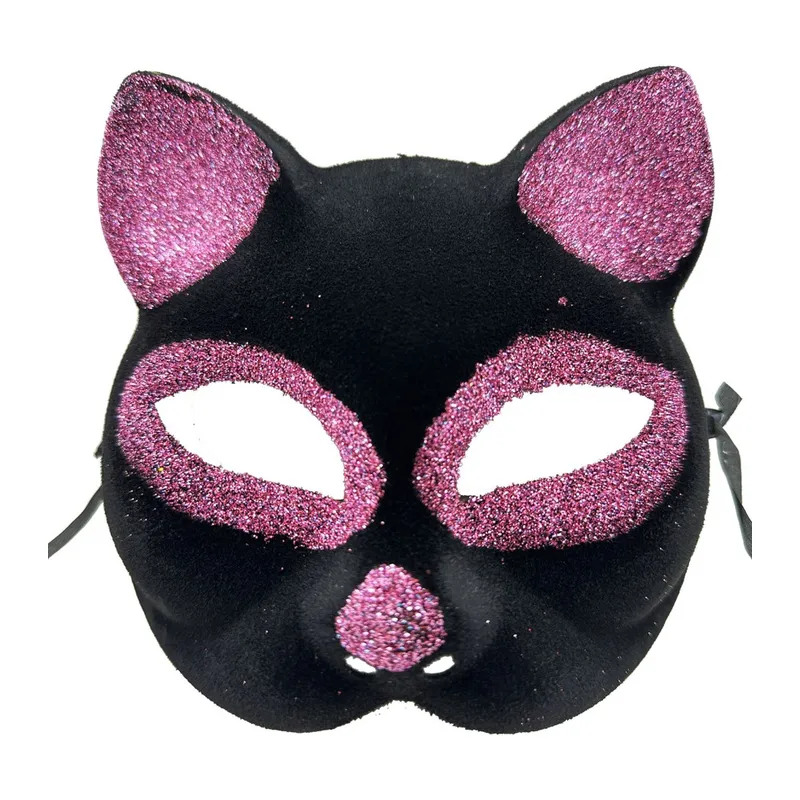 Siyah Renk Pembe Simli Süet Kedi Maskesi 18x14 cm