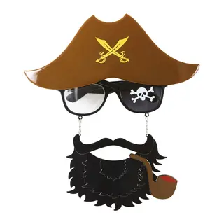 Kahve Renk Şapkalı Siyah Sakallı Pipolu Jack Sparrow Denizci Korsan Gözlüğü 24x25 cm