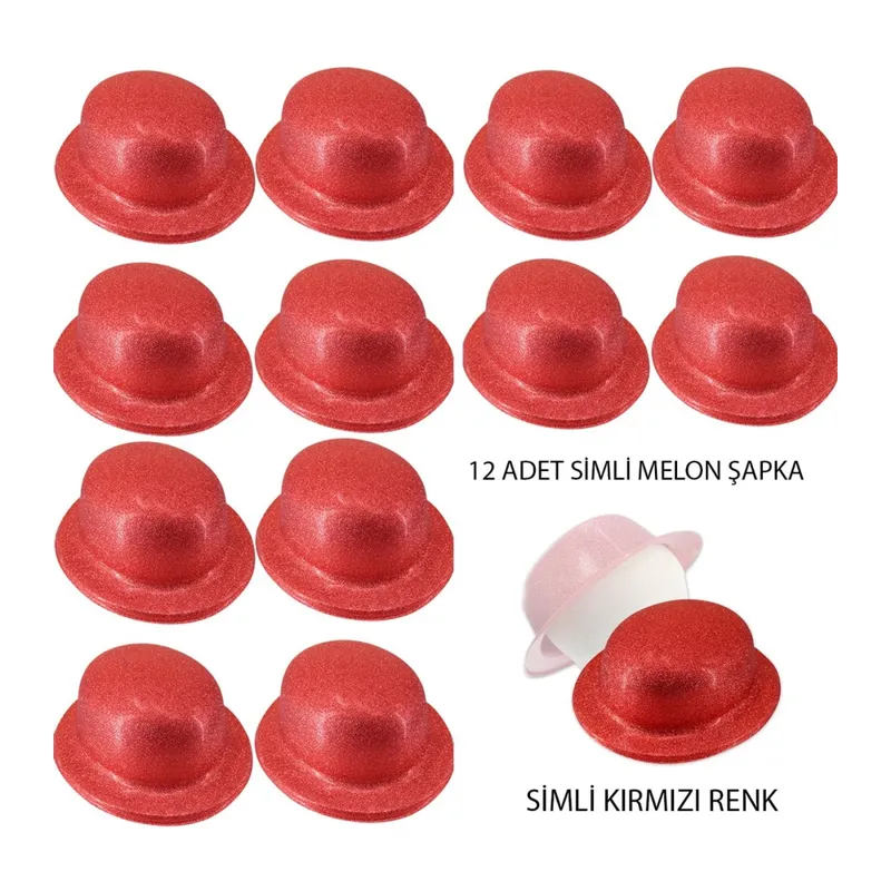 Kırmızı Renk Simli Melon Yuvarlak Parti Şapkası 12 Adet