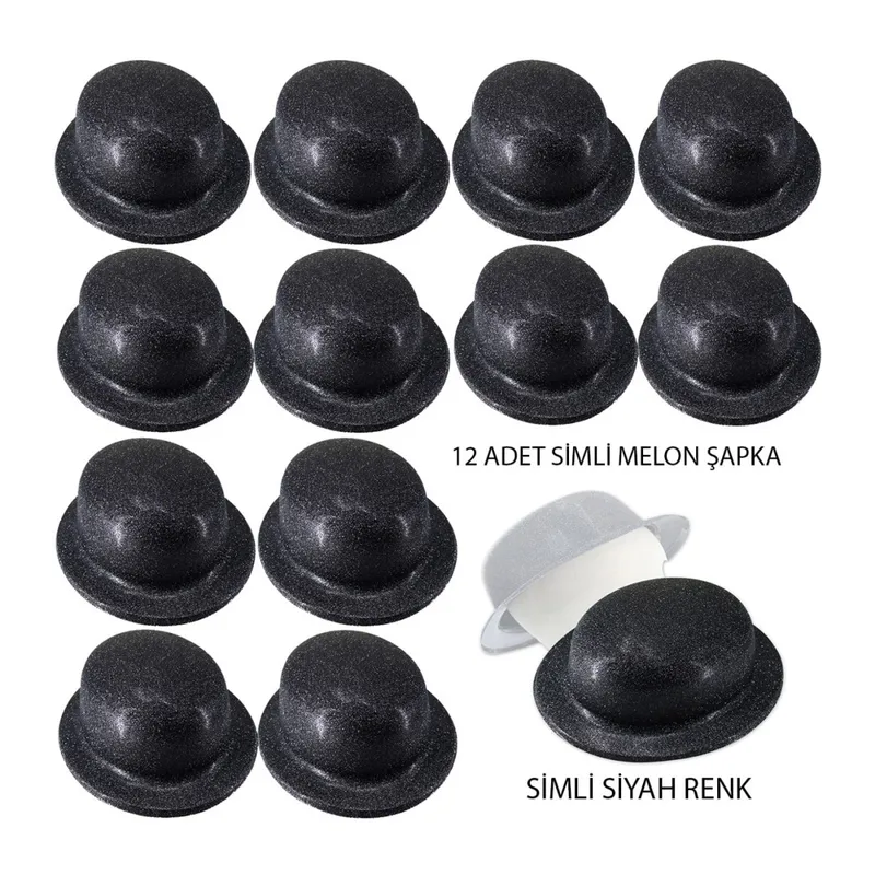 Siyah Renk Simli Melon Yuvarlak Parti Şapkası 12 Adet