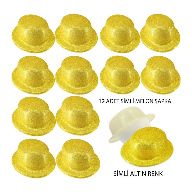 Altın Renk Simli Melon Yuvarlak Parti Şapkası 12 Adet