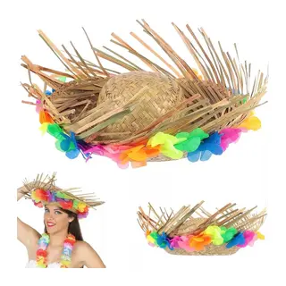Naturel Renk Püsküllü Örme Hasır Hawaii Luau Aloha Şapka 13x36 cm