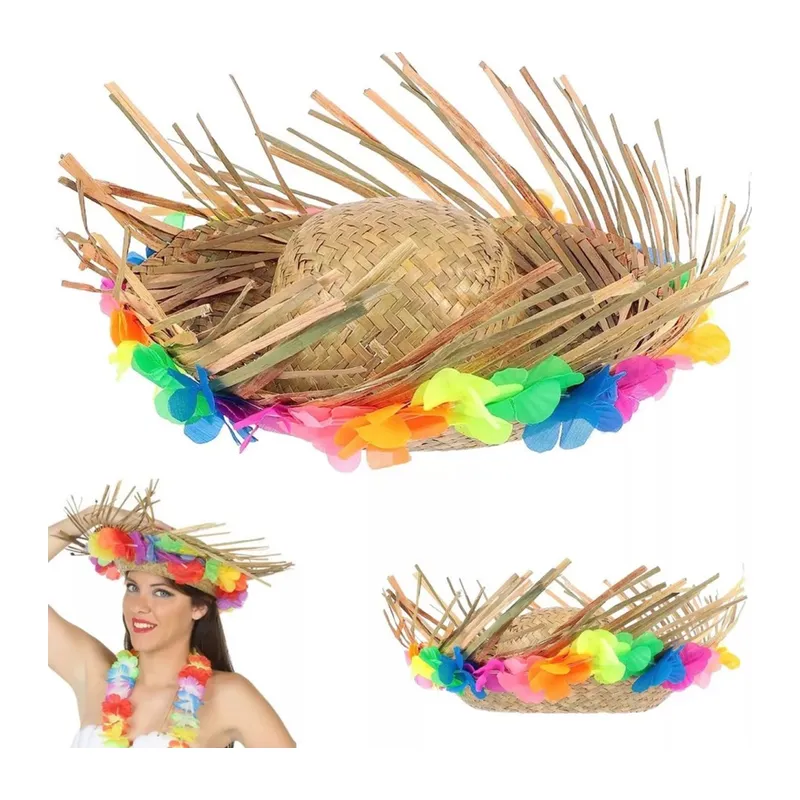 Naturel Renk Püsküllü Örme Hasır Hawaii Luau Aloha Şapka 13x36 cm