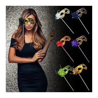 NessiWorld Lüks Taşlı Saplı Maskeli Balo Maskesi Altın Renk 35 cm