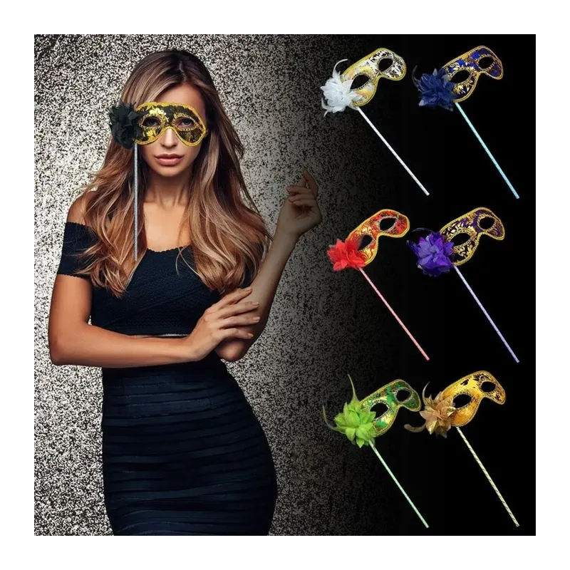 NessiWorld Lüks Taşlı Saplı Maskeli Balo Maskesi Altın Renk 35 cm