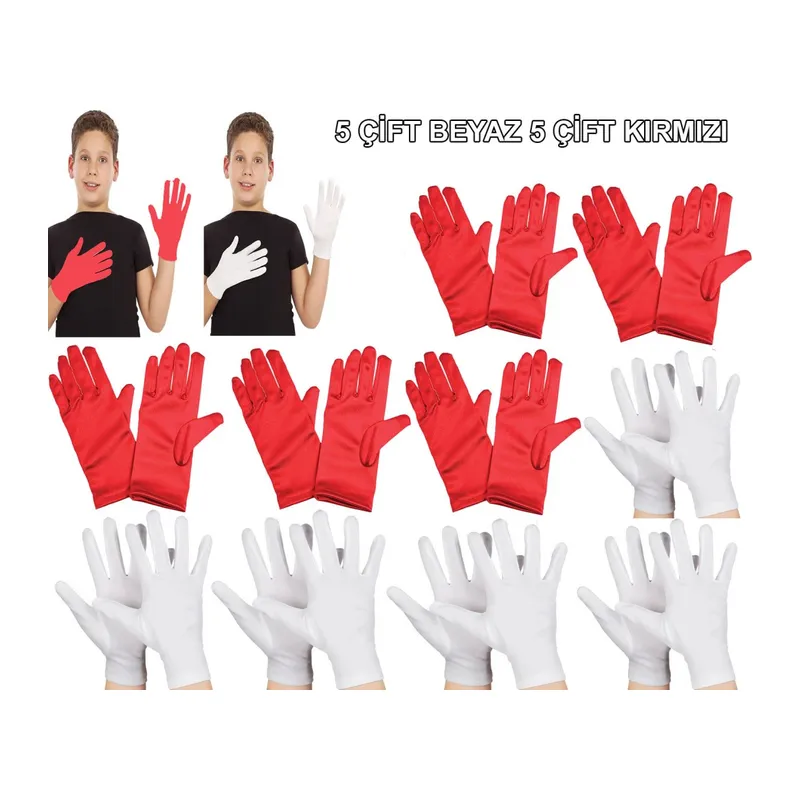 Çocuk Gösteri Eldiven Seti – 5 Çift Beyaz & 5 Çift Kırmızı