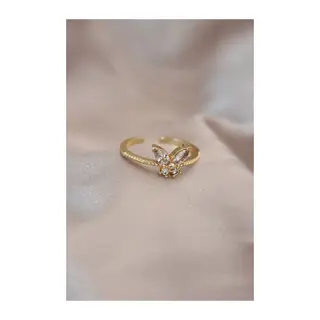 Ayarlamalı Gold Renk Metal Zirkon Taş ve Kristal Taşlı Kelebek Model Yüzük