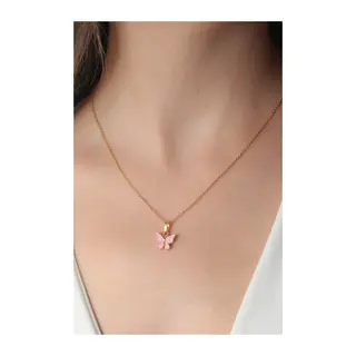 Gold Pembe Renk Kelebek Figür Kadın Kolye