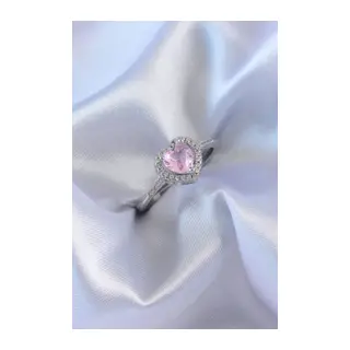 Gümüş Renk Pembe Zirkon Taşlı Kalp Charm Model Pirinç Kadın Yüzük