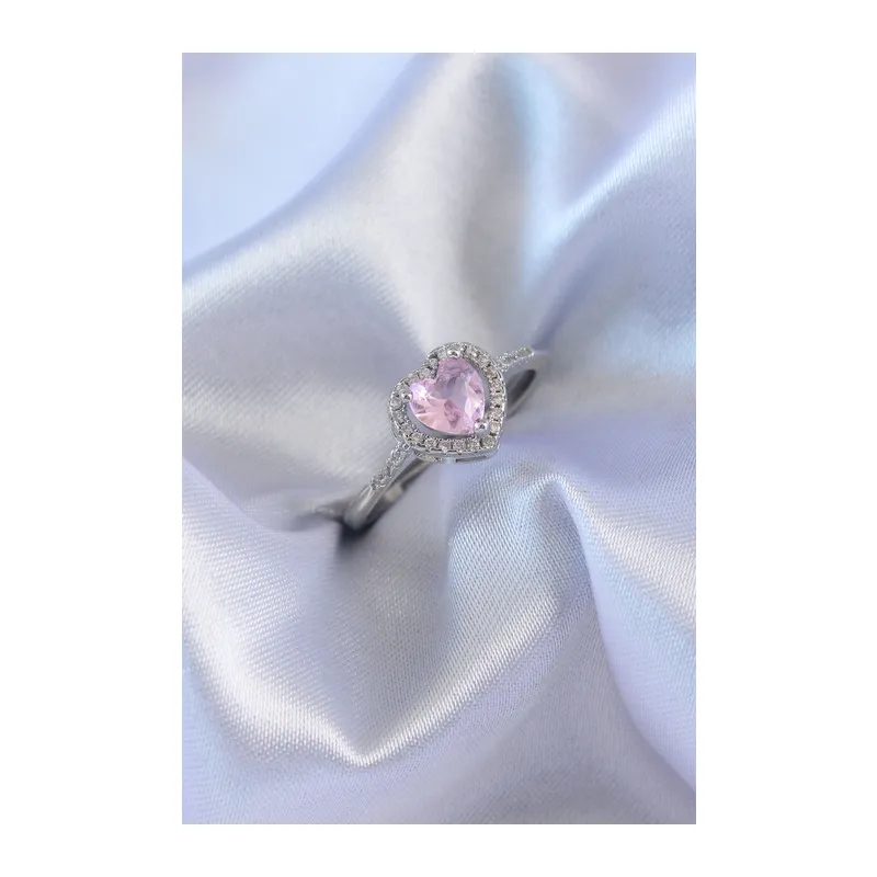 Gümüş Renk Pembe Zirkon Taşlı Kalp Charm Model Pirinç Kadın Yüzük