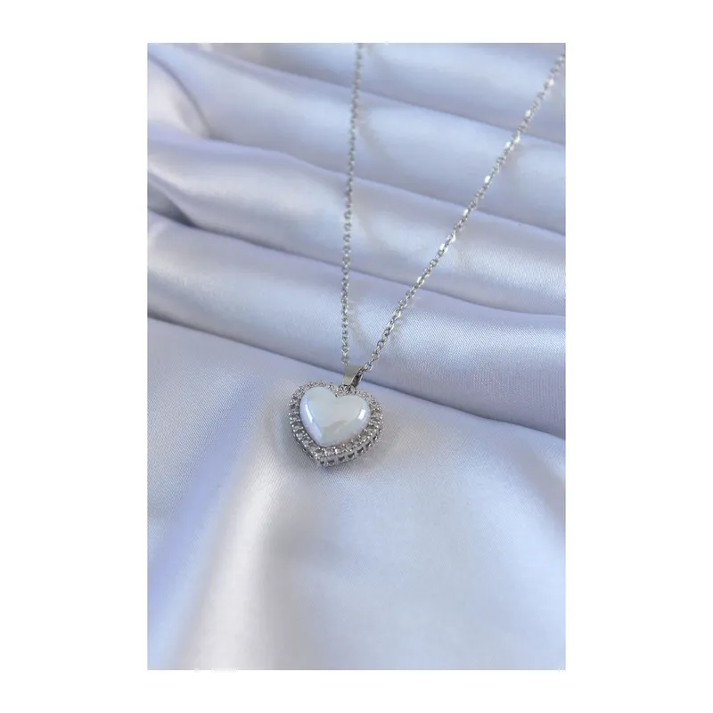 316L Çelik Gümüş Renk İncili Kalp Model Zirkon Taşlı Kadın Kolye