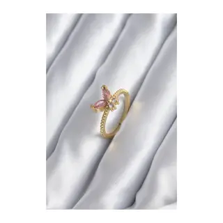 Gold Renk Pembe Zirkon Taşlı Kelebek Model Kadın Yüzük