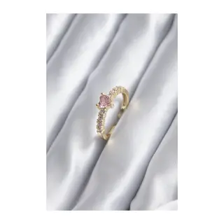 Gold Renk Zirkon Taşlı Pembe Kristal Kalp Model Kadın Yüzük