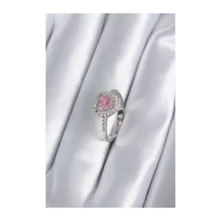 Pirinç Gümüş Renk Pembe Zirkon Taş Kalp Charm Model Kadın Yüzük