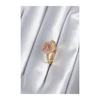 Pirinç Gold Renk Pembe Zirkon Taş Kalp Charm Model Kadın Yüzük