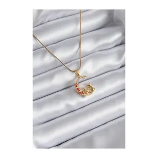 316L Çelik Gold Renk Hilal Kedi Model Zirkon Taşlı Detay Kadın Kolye