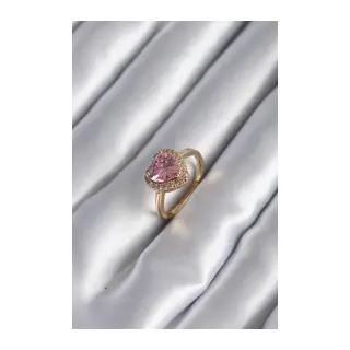 Pirinç Gold Renk Pembe Zirkon Taş Kalp Charm Model Kadın Yüzük