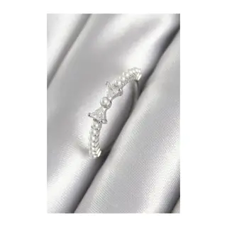 Pirinç Gümüş Renk Zirkon Taşlı Kurdele Model İnci Detay Kadın Yüzük