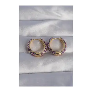 Pirinç Gold Renk Mor Etnik Desenli Halka Küpe
