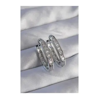 Pirinç Gümüş Renk Zirkon Taşlı Oval Model Küpe