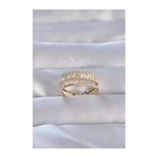 Pirinç Gold Renk Zirkon Taşlı Baget Su Yolu Model Ayarlanabilir Yüzük