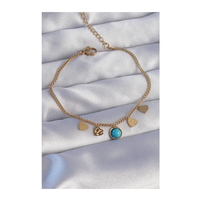 316L Çelik Gold Renk Minimal Kalpli Mavi Taş Detaylı Bileklik