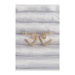 Pirinç Gold Renk Zirkon Taşlı Kıvrımlı Yarım Kalp Küpe