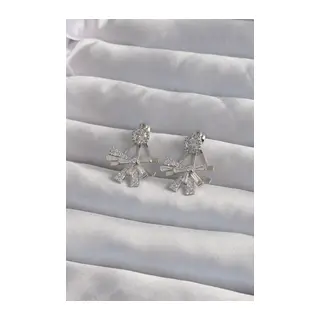 Pirinç Gümüş Renk Zirkon Taşlı Yassı Fiyonk Model Küpe