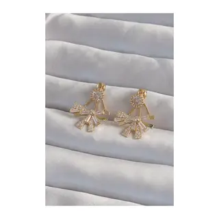Pirinç Gold Renk Zirkon Taşlı Yassı Fiyonk Model Küpe