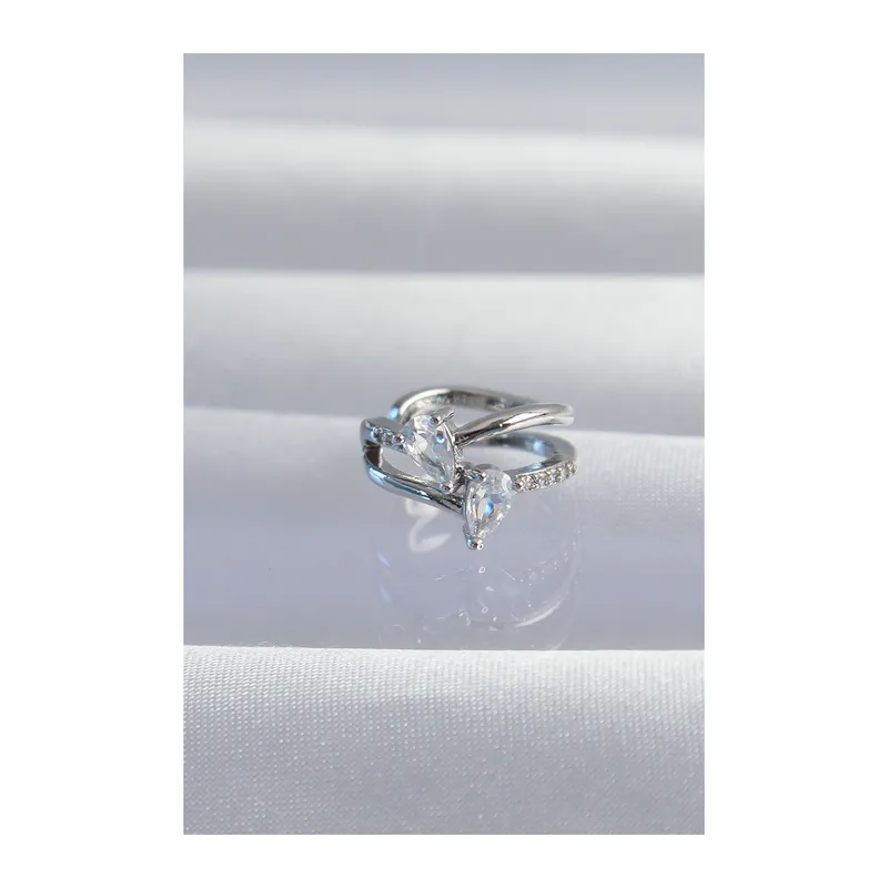 Pirinç Gümüş Renk Zirkon Taşlı Damla Earcuff Küpe