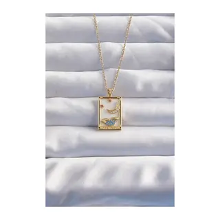 316L Çelik Zincir Gold Renk Ay Detay Mavi Zirkon Taşlı Tarot Kolye