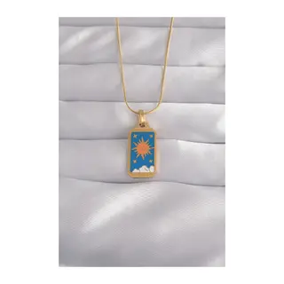 316L Çelik Gold Renk Mavi Mineli Güneş Model Tarot Kolye