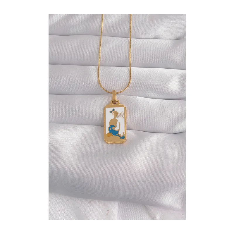 316L Çelik Gold Renk Beyaz Mineli Kız Figür Tarot Kolye