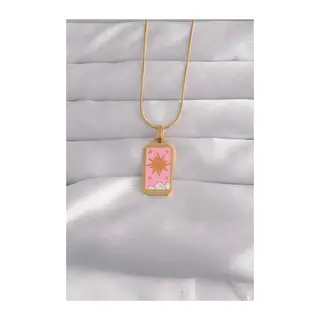 316L Çelik Gold Renk Pembe Mineli Güneş Model Tarot Kolye