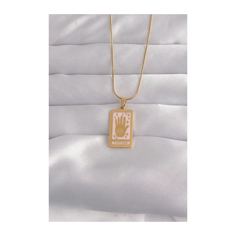 316L Çelik Gold Renk Pembe Mineli El Figür Tarot Kolye