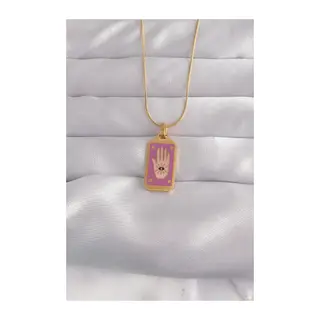 316L Çelik Gold Renk Mor Mineli El Figür Tarot Kolye