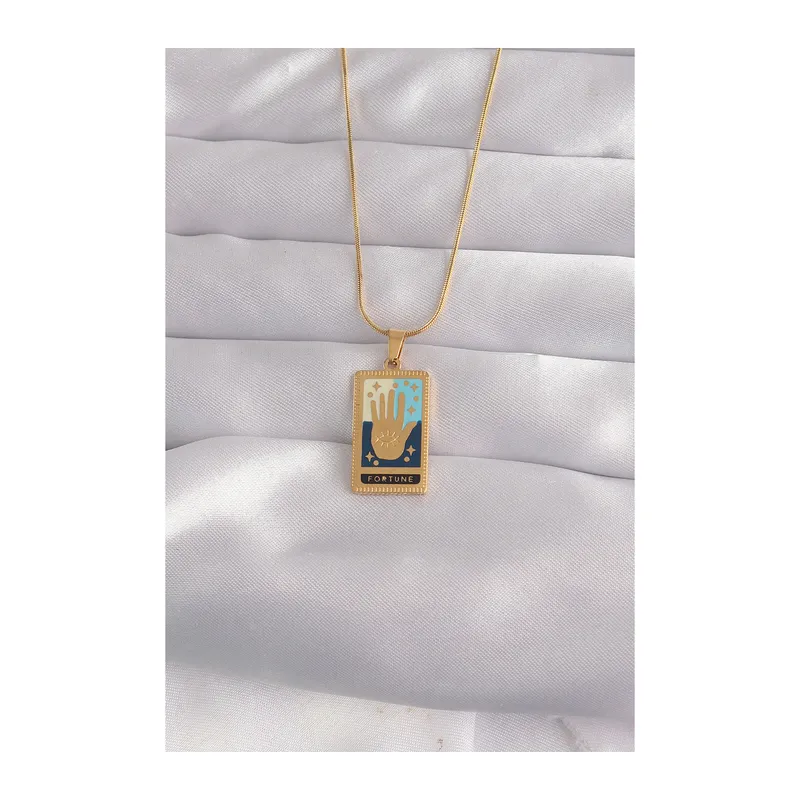 316L Çelik Gold Renk Karışık Mineli El Figür Tarot Kolye